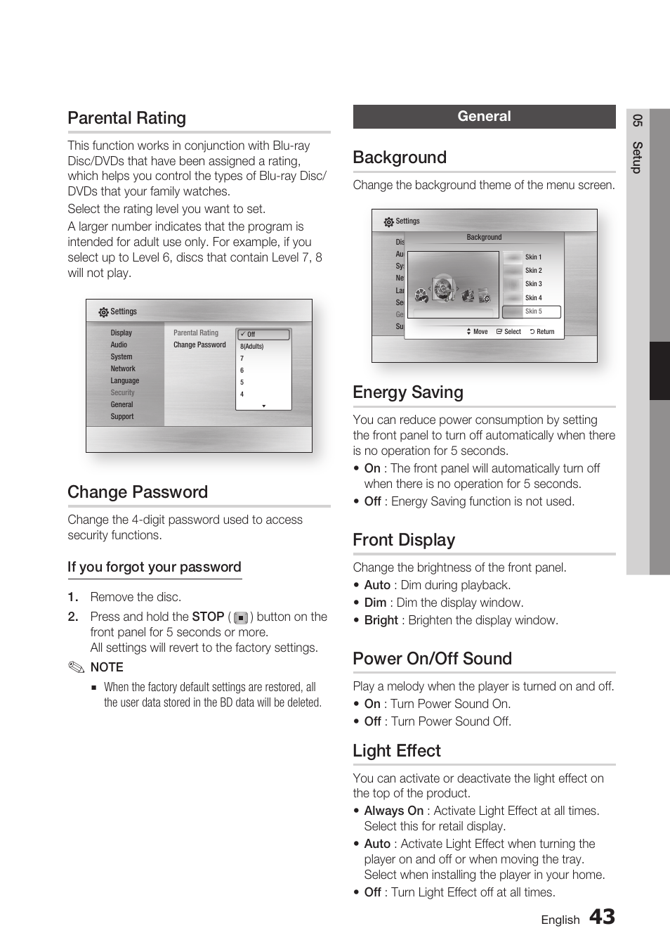 Parental rating, Change password, General | Background, Energy saving, Front display, Power on/off sound, Light effect | Samsung BD-C6500-XAA User Manual | Page 43 / 70