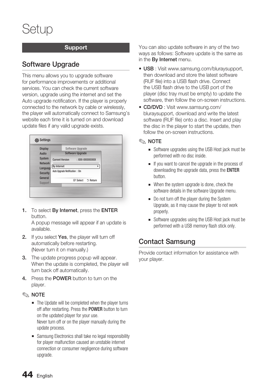 Support, Software upgrade, Contact samsung | Setup | Samsung BD-C6500-XAA User Manual | Page 44 / 70