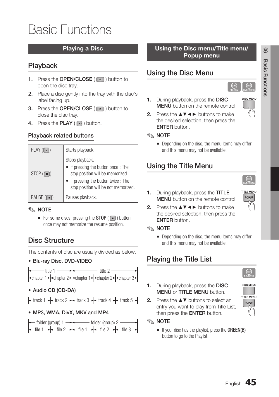 Basic functions, Playing a disc, Playback | Disc structure, Using the disc menu/title menu/popup menu, Using the disc menu, Using the title menu, Playing the title list | Samsung BD-C6500-XAA User Manual | Page 45 / 70