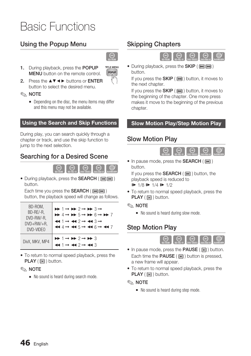 Using the popup menu, Using the search and skip functions, Searching for a desired scene | Skipping chapters, Slow motion play/step motion play, Slow motion play, Step motion play, Basic functions | Samsung BD-C6500-XAA User Manual | Page 46 / 70