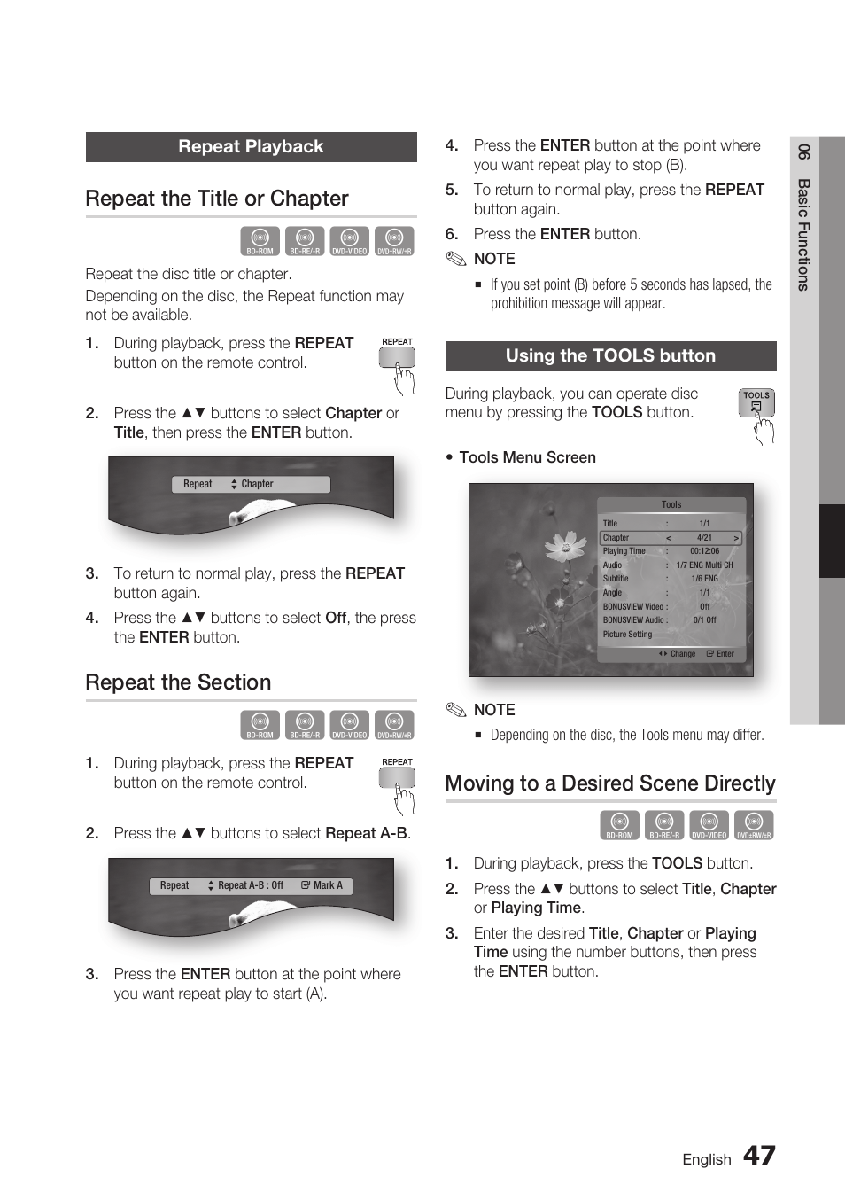 Repeat playback, Repeat the title or chapter, Repeat the section | Using the tools button, Moving to a desired scene directly | Samsung BD-C6500-XAA User Manual | Page 47 / 70