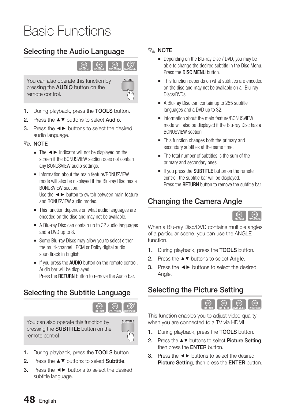 Selecting the audio language, Selecting the subtitle language, Changing the camera angle | Selecting the picture setting, Basic functions | Samsung BD-C6500-XAA User Manual | Page 48 / 70