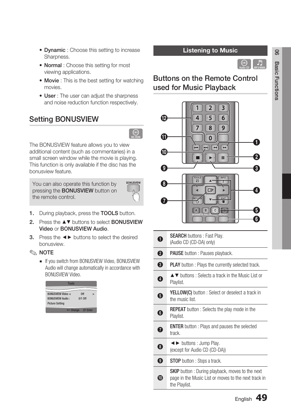 Setting bonusview, Listening to music | Samsung BD-C6500-XAA User Manual | Page 49 / 70