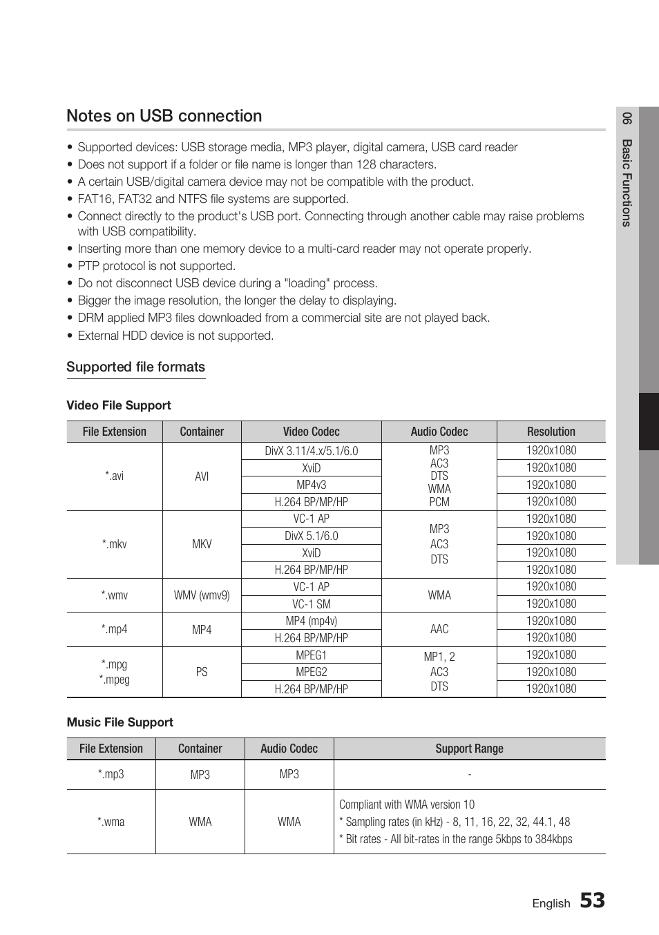 Notes on usb connection | Samsung BD-C6500-XAA User Manual | Page 53 / 70