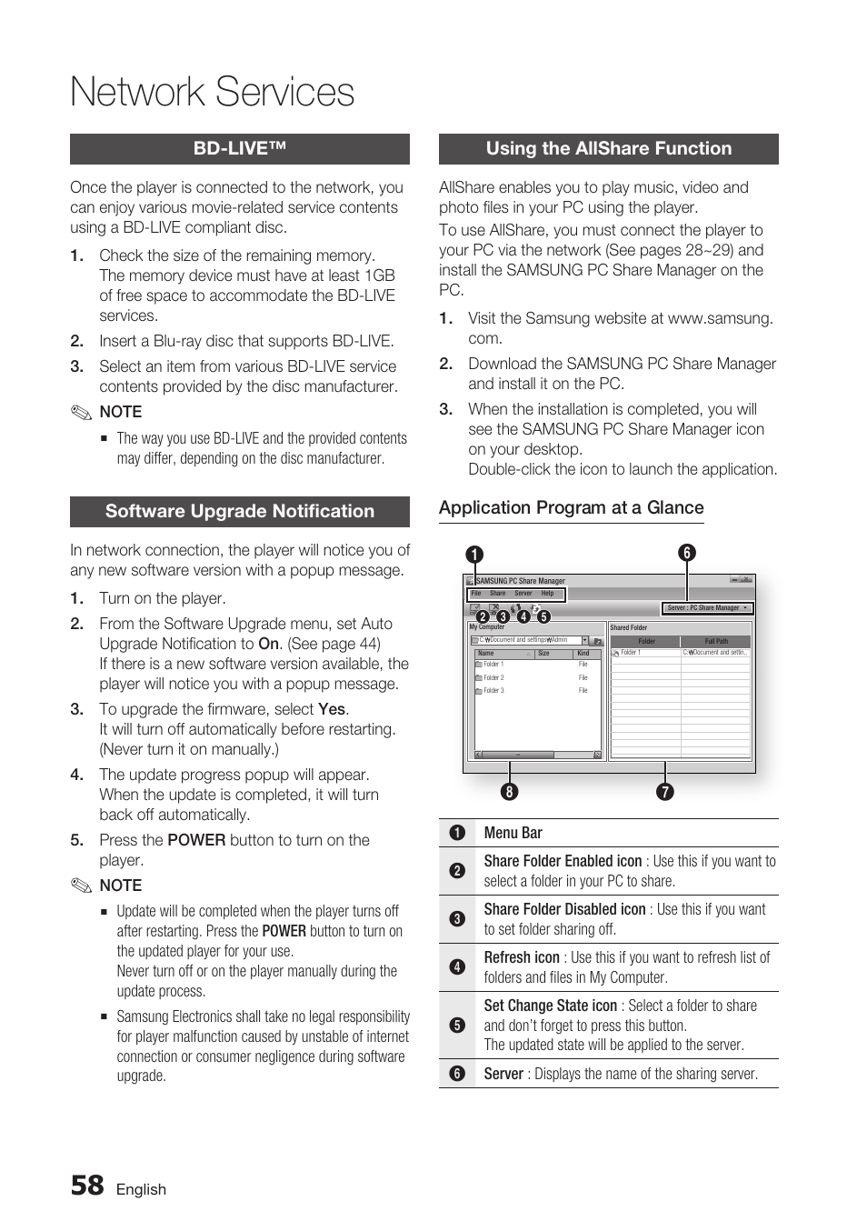 Bd-live, Software upgrade notification, Using the allshare function | Network services | Samsung BD-C6500-XAA User Manual | Page 58 / 70