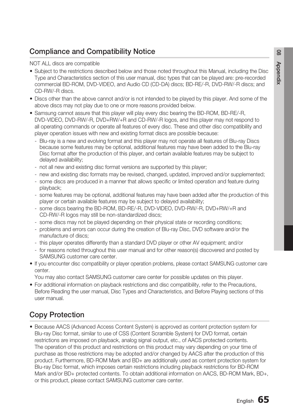 Compliance and compatibility notice, Copy protection | Samsung BD-C6500-XAA User Manual | Page 65 / 70