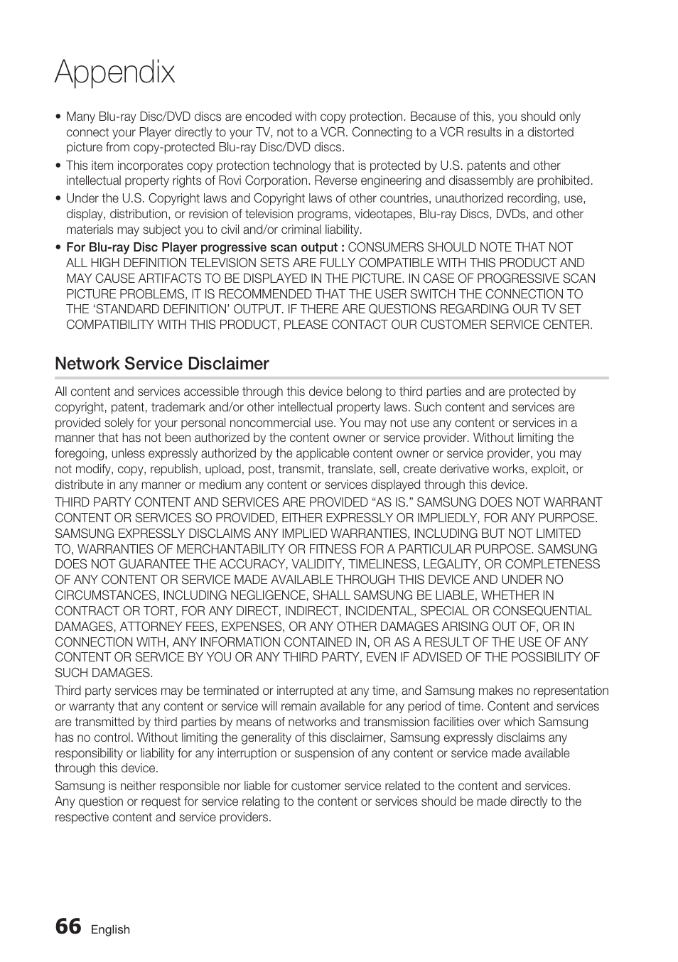 Network service disclaimer, Appendix | Samsung BD-C6500-XAA User Manual | Page 66 / 70