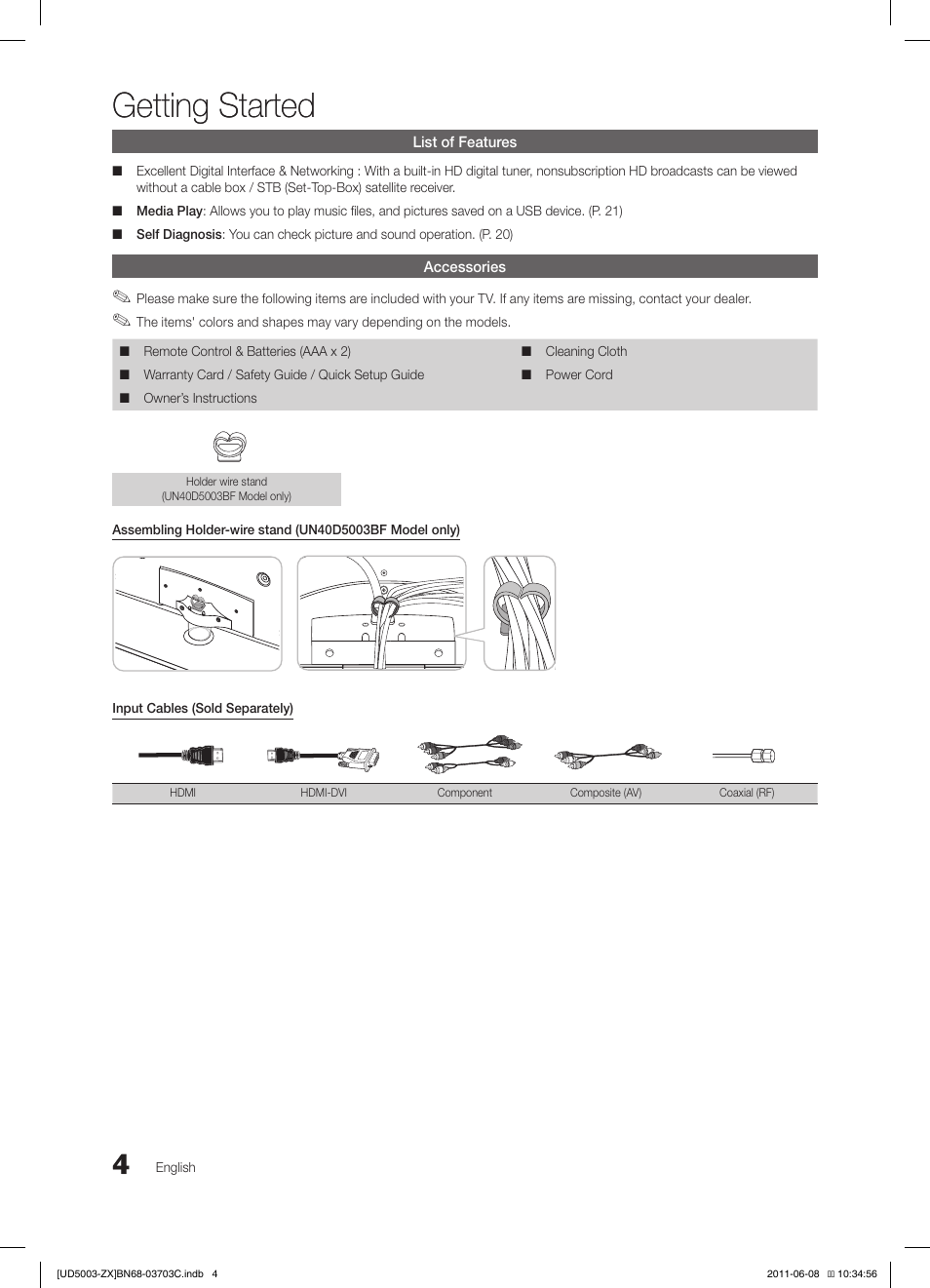 Getting started | Samsung UN26D4003BDXZA User Manual | Page 4 / 64