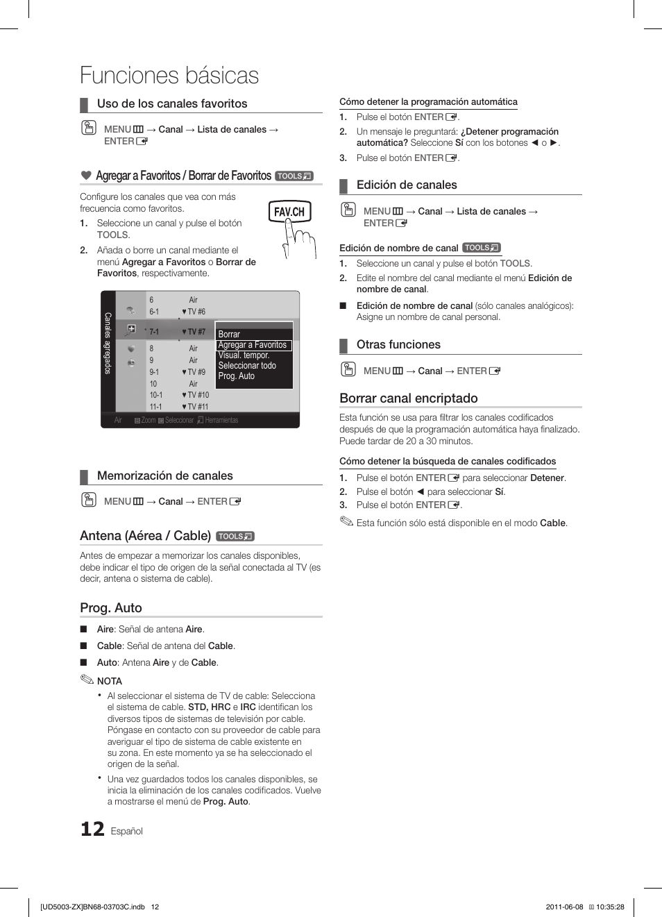 Funciones básicas, Agregar a favoritos / borrar de favoritos, Antena (aérea / cable) | Prog. auto, Borrar canal encriptado | Samsung UN26D4003BDXZA User Manual | Page 43 / 64