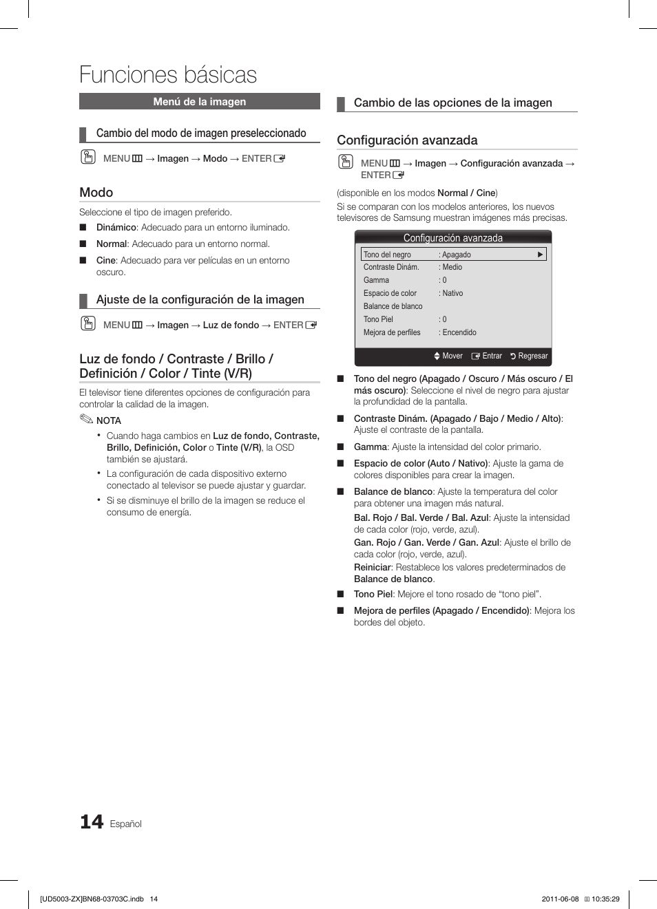 Funciones básicas, Modo, Configuración avanzada | Samsung UN26D4003BDXZA User Manual | Page 45 / 64