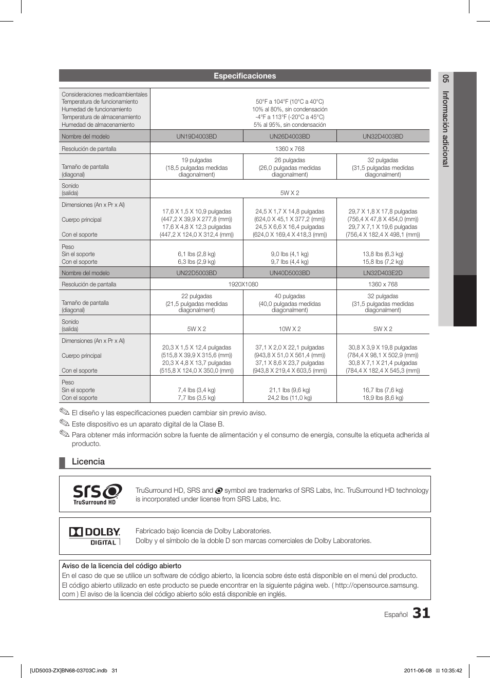 Licencia | Samsung UN26D4003BDXZA User Manual | Page 62 / 64