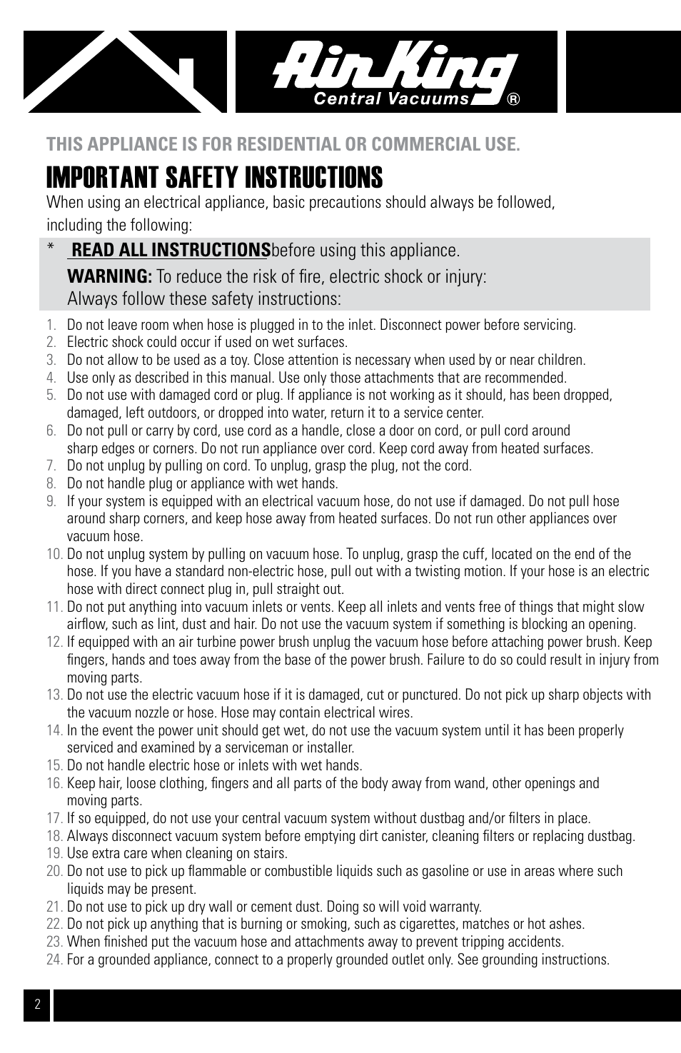 Important safety instructions | Air King Vacuum Cleaner User Manual | Page 2 / 12