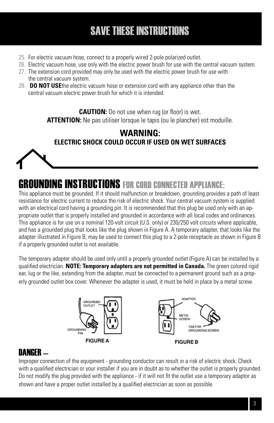 Grounding instructions, Save these instructions, For cord connected appliance | Danger, Warning | Air King Vacuum Cleaner User Manual | Page 3 / 12