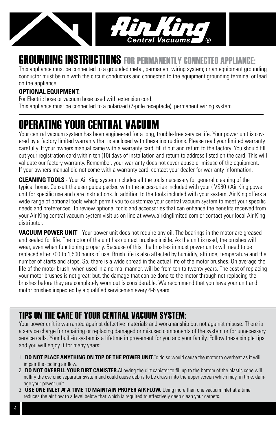 Grounding instructions, Operating your central vacuum, For permanently connected appliance | Tips on the care of your central vacuum system | Air King Vacuum Cleaner User Manual | Page 4 / 12