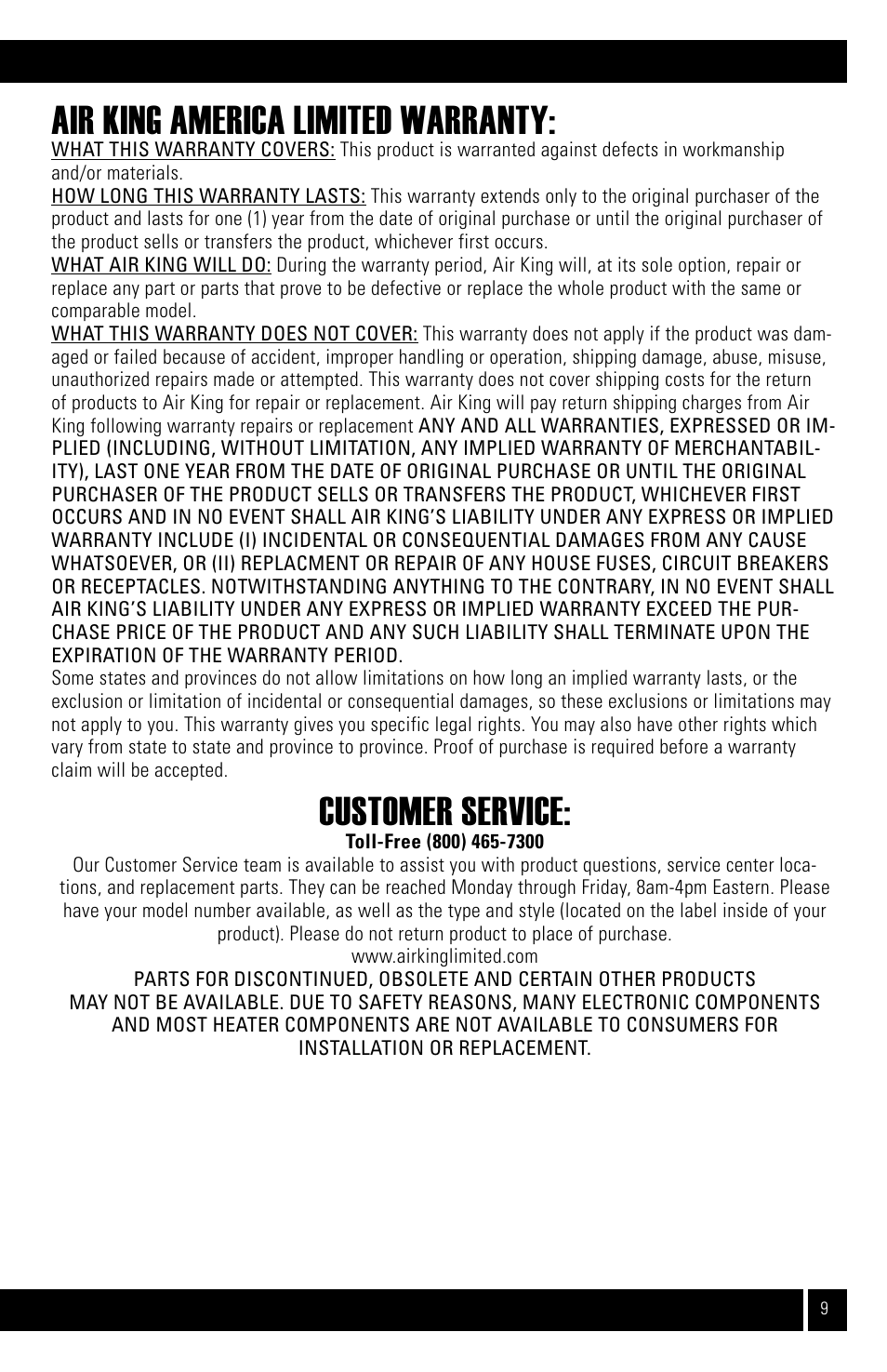 Air king america limited warranty, Customer service | Air King Vacuum Cleaner User Manual | Page 9 / 12