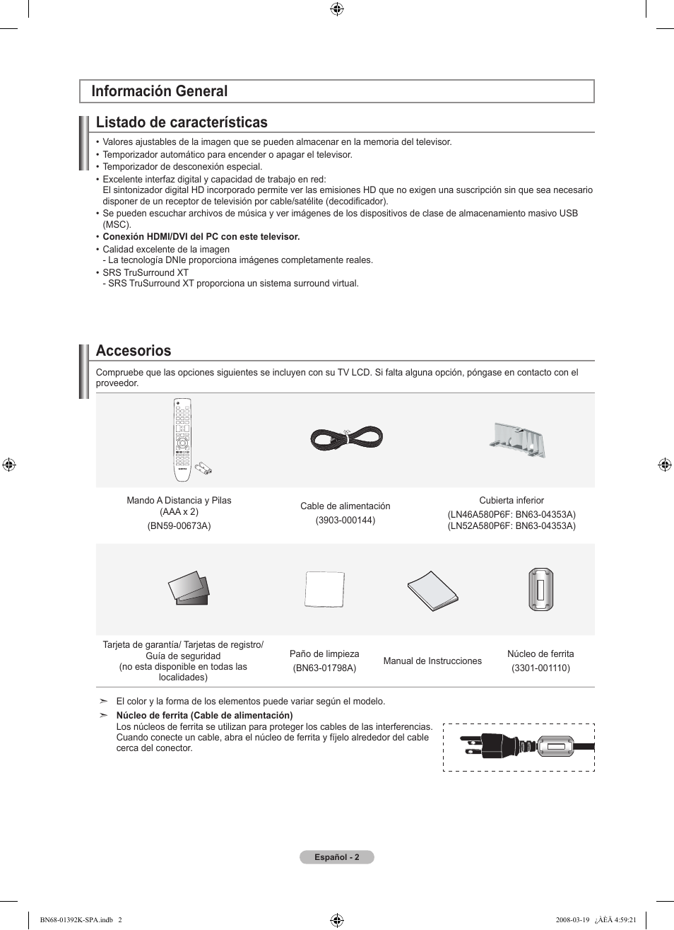 Listado de características, Accesorios, Información general | Samsung LN46A580P6FXZA User Manual | Page 105 / 196