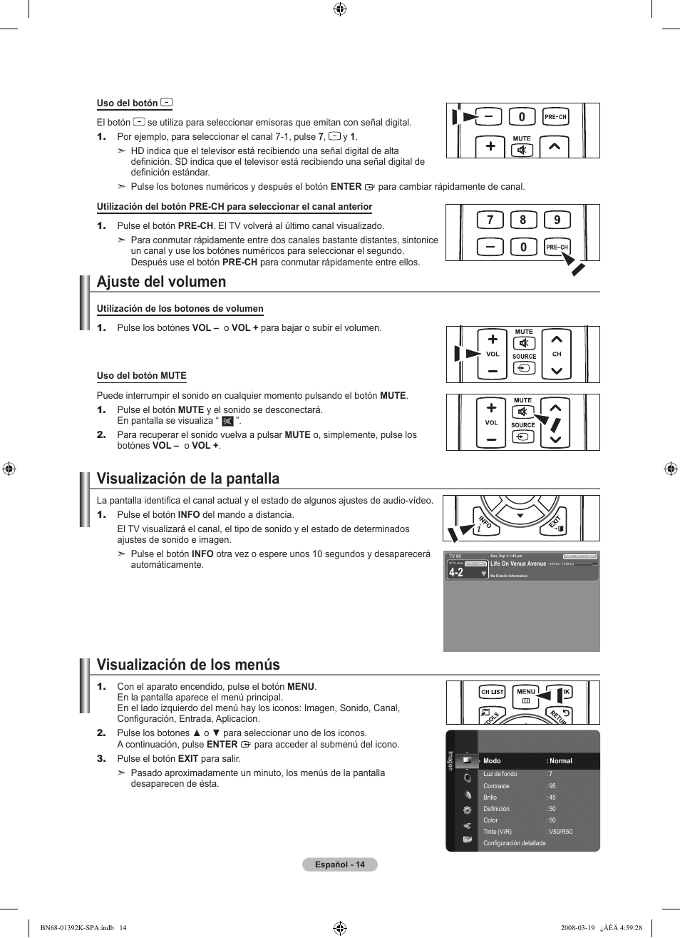 Ajuste del volumen, Visualización de la pantalla, Visualización de los menús | Samsung LN46A580P6FXZA User Manual | Page 117 / 196