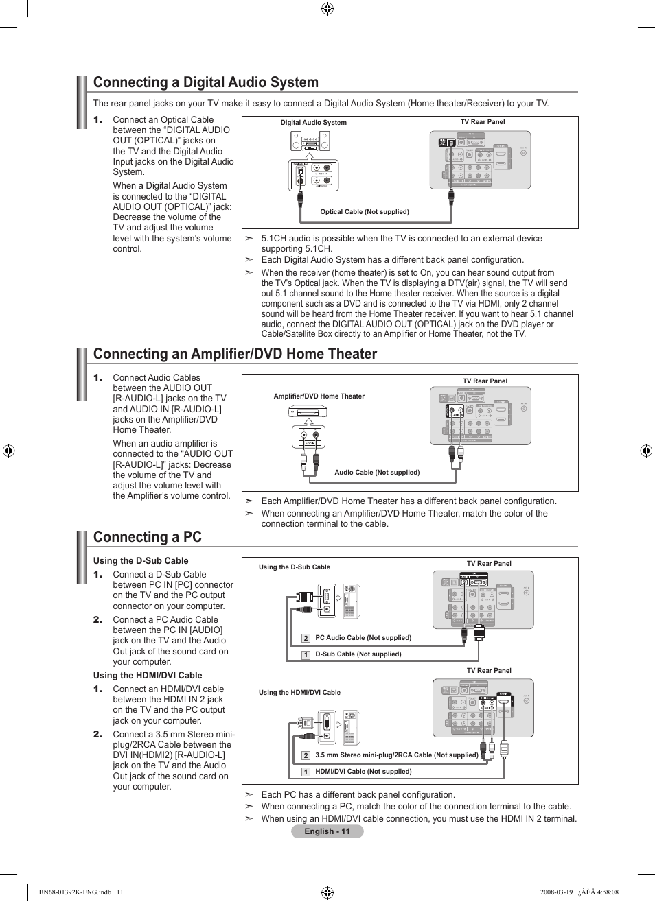 Connecting a digital audio system, Connecting an amplifier/dvd home theater, Connecting a pc | Operation | Samsung LN46A580P6FXZA User Manual | Page 13 / 196