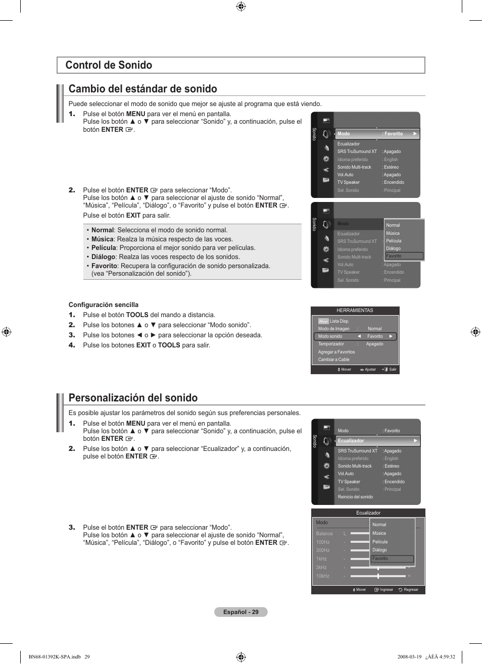 Control de sonido cambio del estándar de sonido, Personalización del sonido | Samsung LN46A580P6FXZA User Manual | Page 132 / 196
