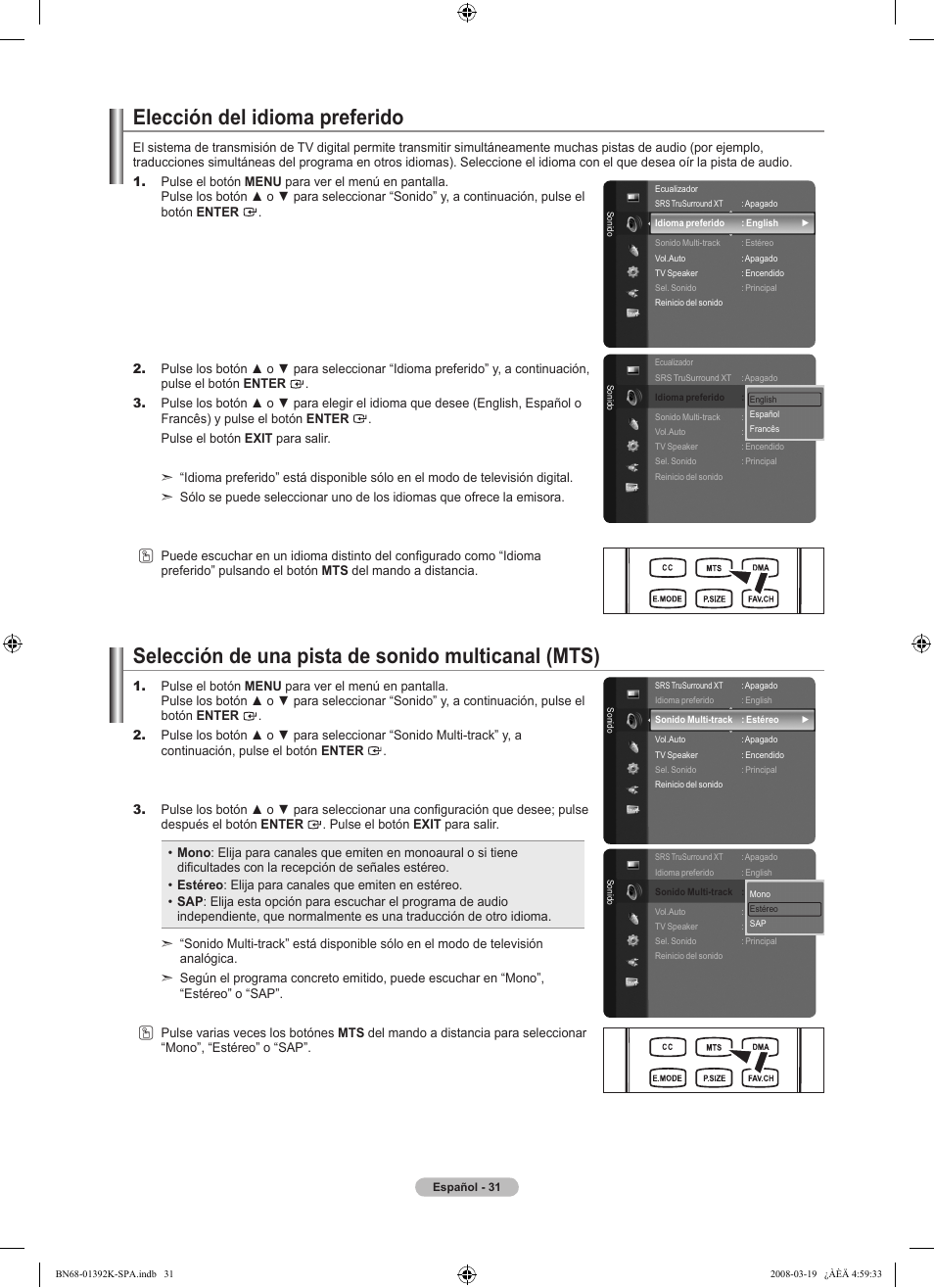 Elección del idioma preferido, Selección de una pista de sonido multicanal (mts) | Samsung LN46A580P6FXZA User Manual | Page 134 / 196