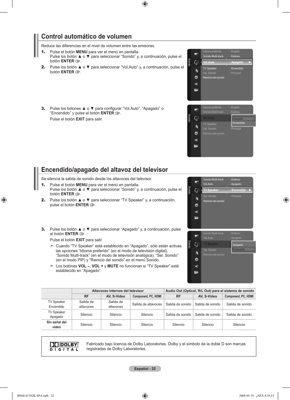 Control automático de volumen, Encendido/apagado del altavoz del televisor | Samsung LN46A580P6FXZA User Manual | Page 135 / 196