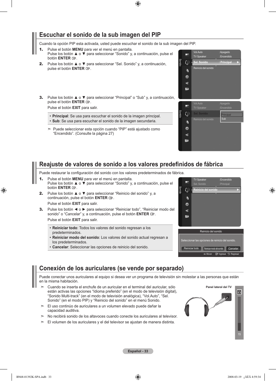 Escuchar el sonido de la sub imagen del pip | Samsung LN46A580P6FXZA User Manual | Page 136 / 196