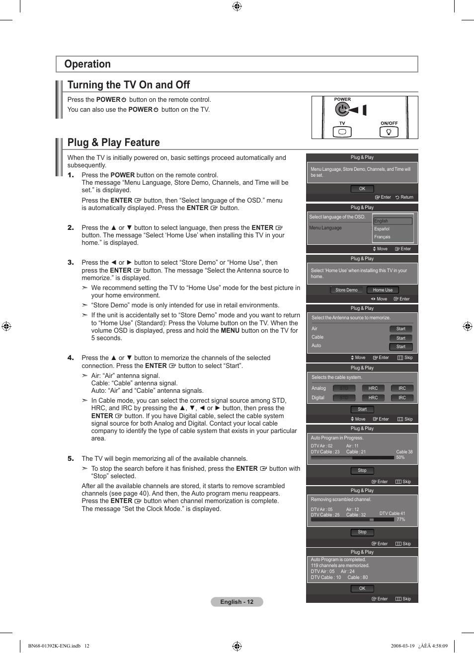 Operation, Turning the tv on and off, Plug & play feature | Adjusting the volume, Viewing the display, Operation plug & play feature | Samsung LN46A580P6FXZA User Manual | Page 14 / 196