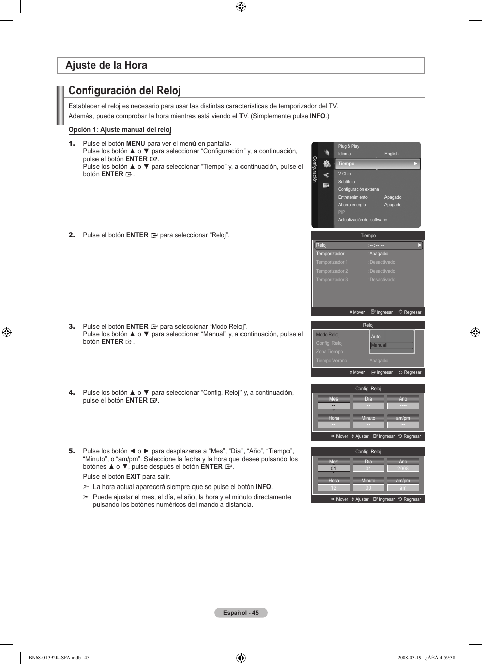Configuración del reloj, Ajuste de la hora | Samsung LN46A580P6FXZA User Manual | Page 148 / 196