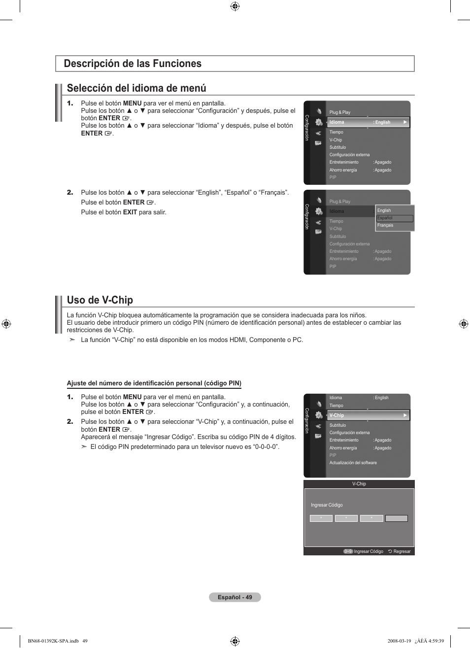 Selección del idioma de menú, Descripción de las funciones uso de v-chip | Samsung LN46A580P6FXZA User Manual | Page 152 / 196