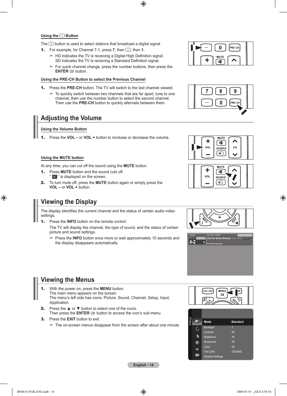 Adjusting the volume, Viewing the display, Viewing the menus | Using the tools button, Memorizing the channels, To select the source | Samsung LN46A580P6FXZA User Manual | Page 16 / 196
