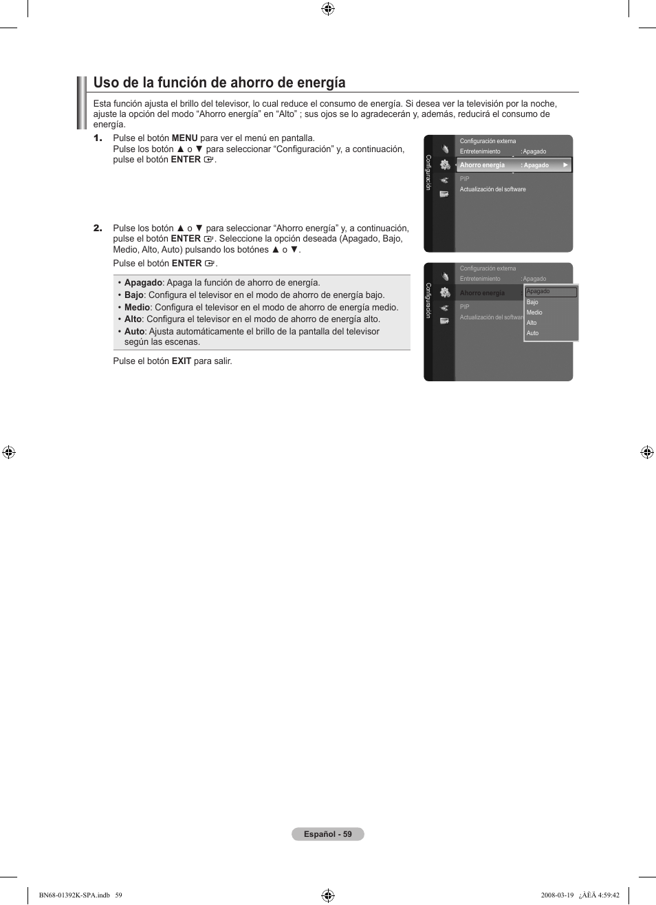 Uso de la función de ahorro de energía | Samsung LN46A580P6FXZA User Manual | Page 162 / 196