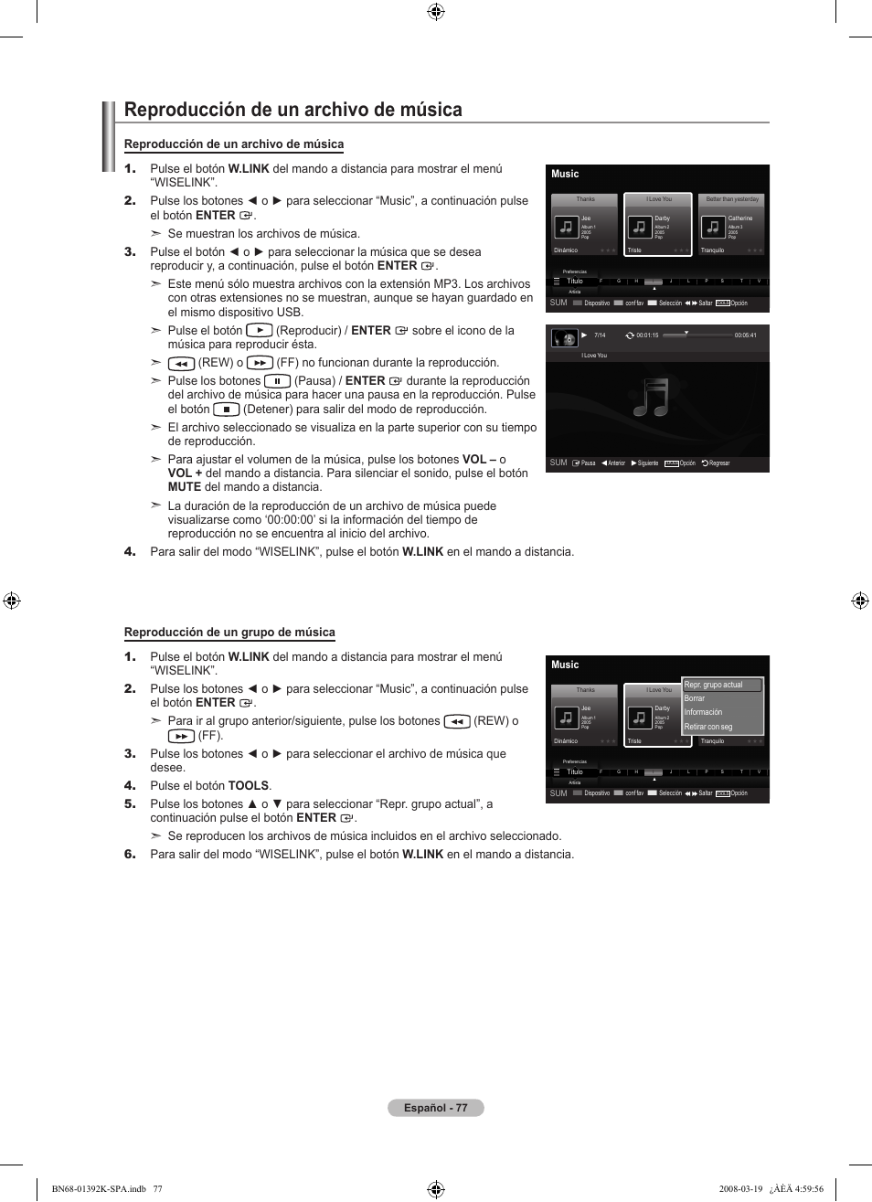 Reproducción de un archivo de música | Samsung LN46A580P6FXZA User Manual | Page 180 / 196