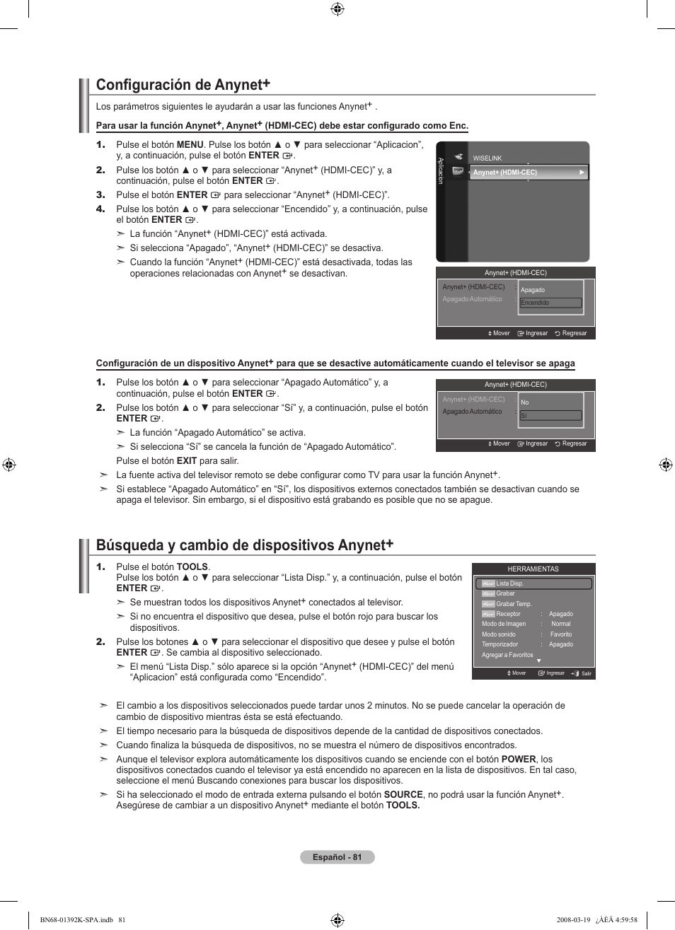 Configuración de anynet, Búsqueda y cambio de dispositivos anynet | Samsung LN46A580P6FXZA User Manual | Page 184 / 196