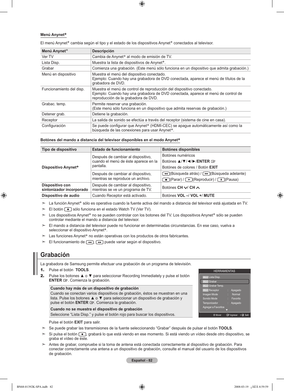 Grabación | Samsung LN46A580P6FXZA User Manual | Page 185 / 196