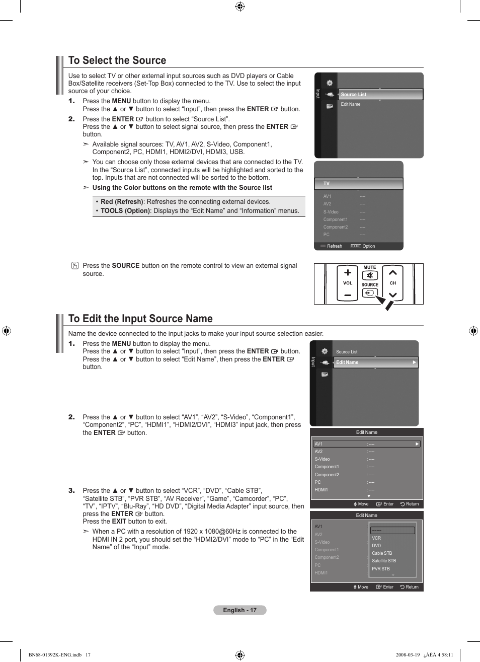 To select the source, To edit the input source name, Picture control | Samsung LN46A580P6FXZA User Manual | Page 19 / 196