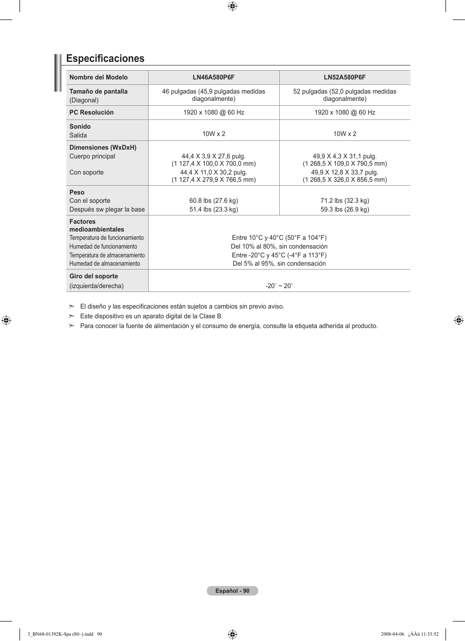 Especificaciones | Samsung LN46A580P6FXZA User Manual | Page 193 / 196