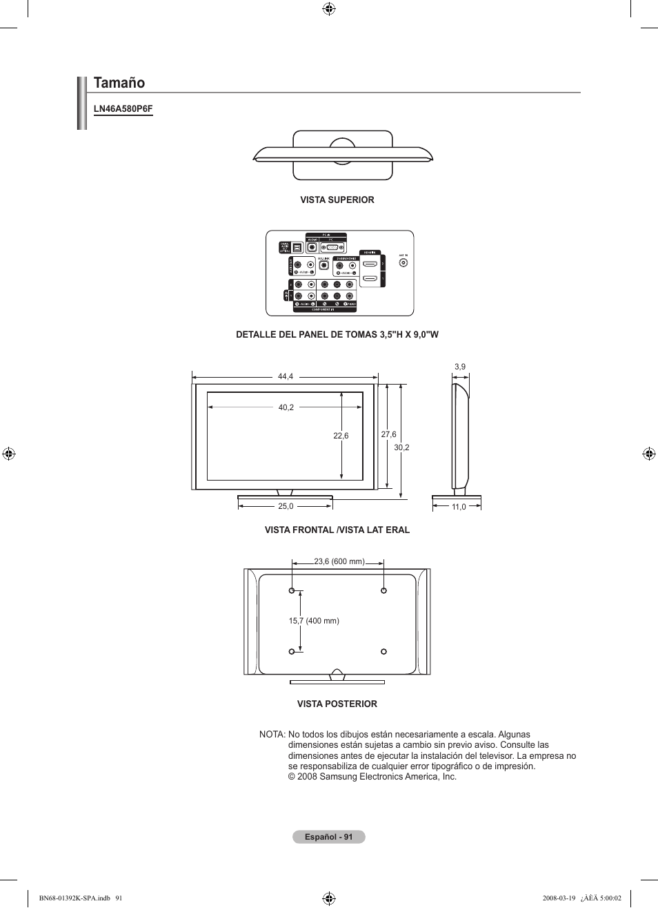 Tamaño | Samsung LN46A580P6FXZA User Manual | Page 194 / 196