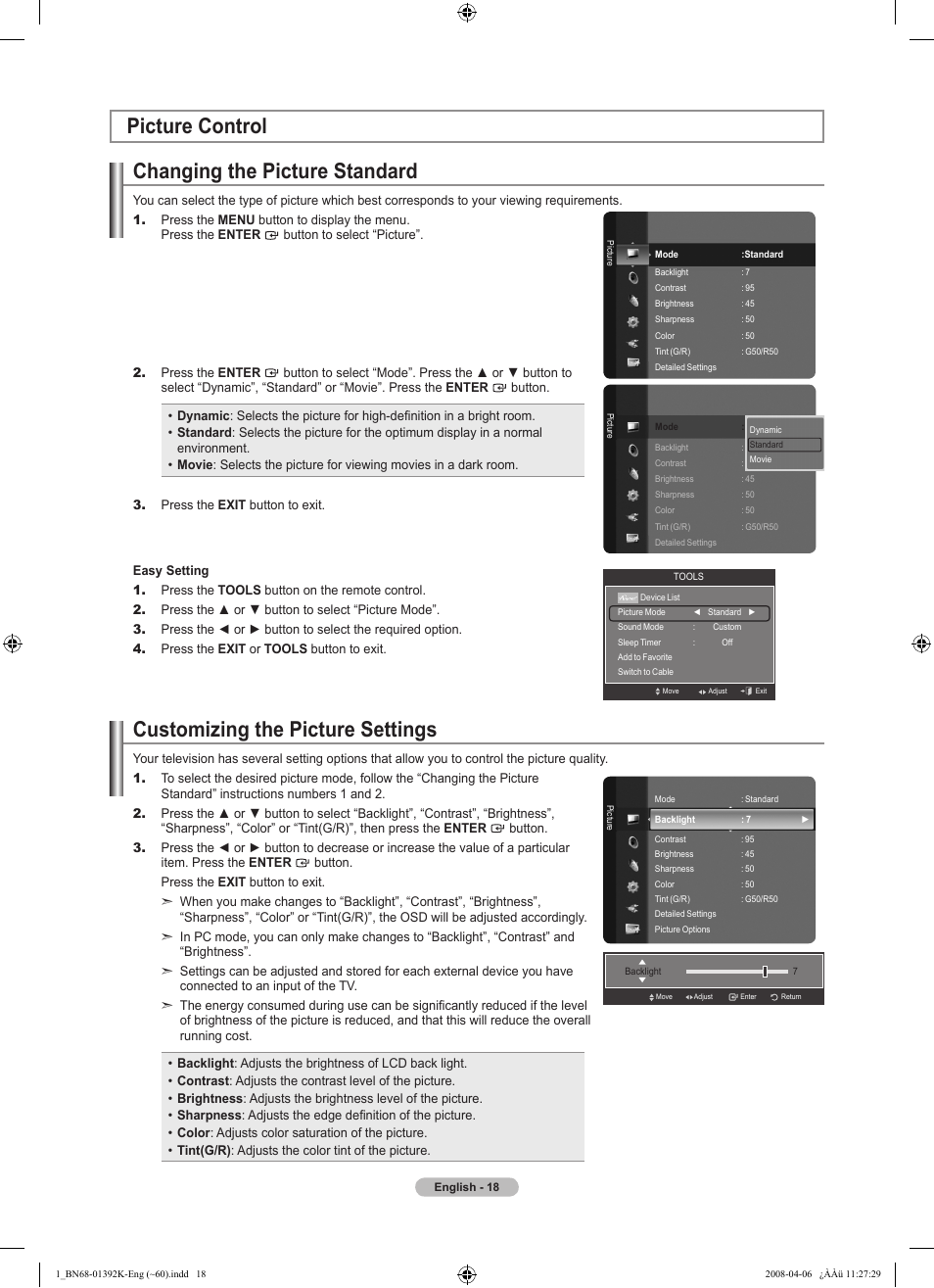 Picture control, Changing the picture standard, Customizing the picture settings | Configuring picture options, Picture control changing the picture standard | Samsung LN46A580P6FXZA User Manual | Page 20 / 196