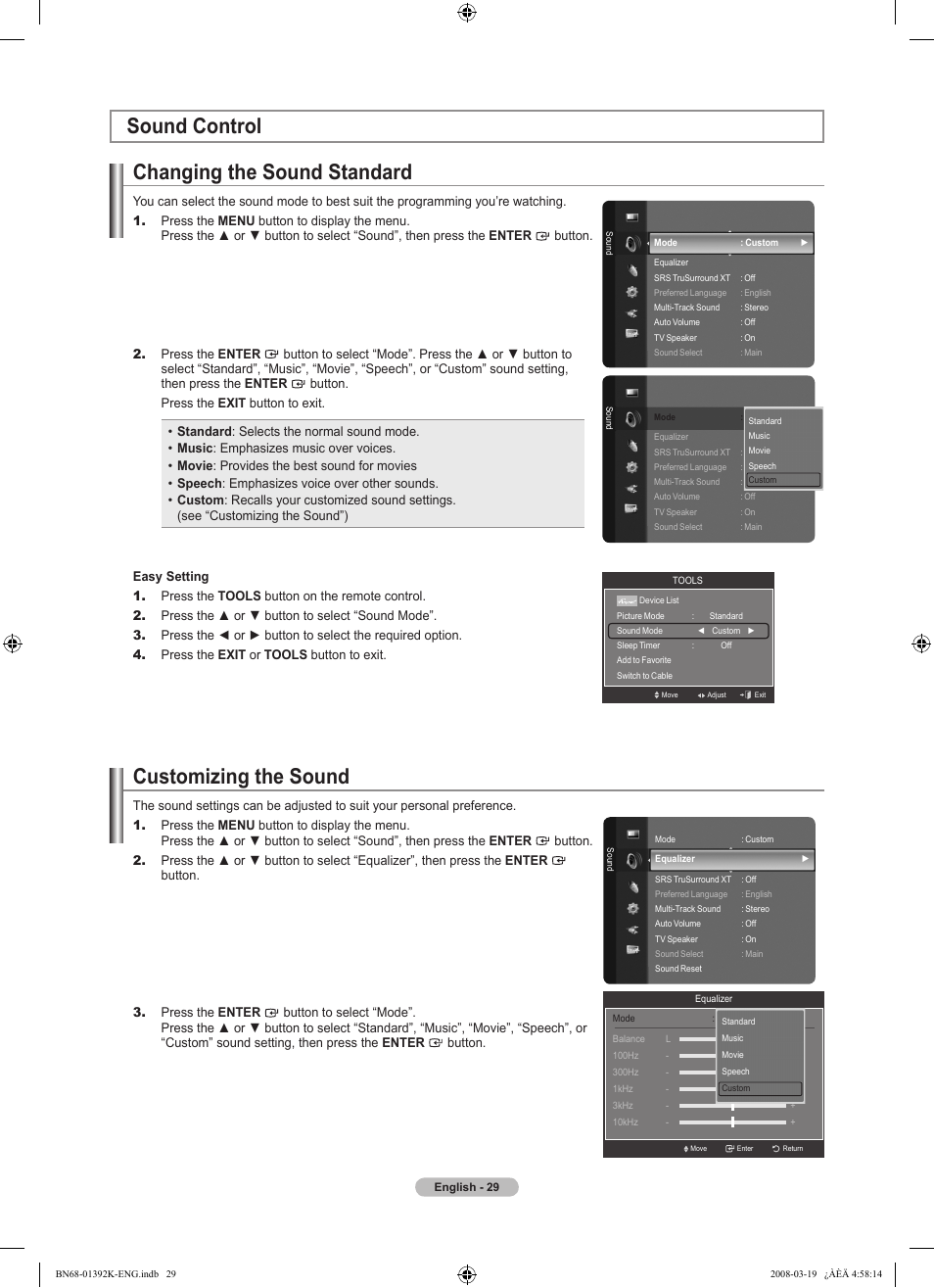 Sound control, Changing the sound standard, Customizing the sound | Setting the trusurround xt, Choosing preferred language, Choosing a multi-channel sound (mts) track, Sound control changing the sound standard | Samsung LN46A580P6FXZA User Manual | Page 31 / 196