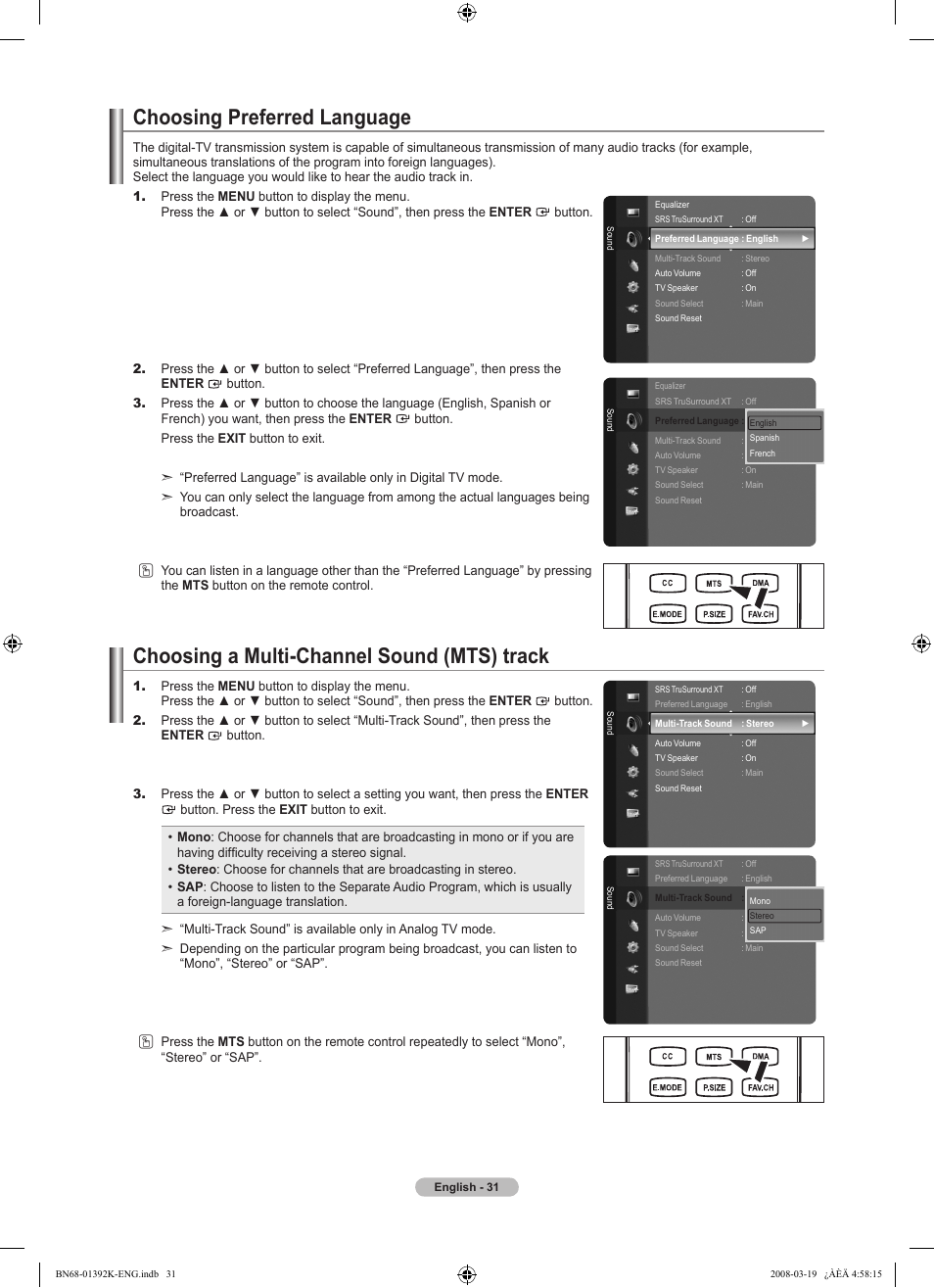 Choosing preferred language, Choosing a multi-channel sound (mts) track, Setting the tv speakers on/off | Listening to the sound of the sub (pip) picture | Samsung LN46A580P6FXZA User Manual | Page 33 / 196