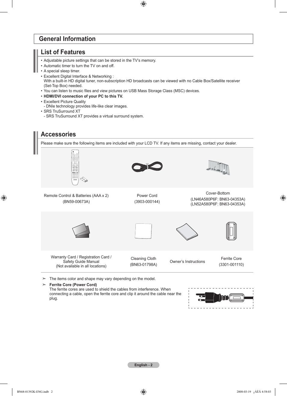 General information, List of features, Accessories | Viewing the connection panel, Remote control | Samsung LN46A580P6FXZA User Manual | Page 4 / 196