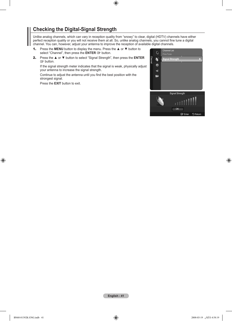 Checking the digital-signal strength | Samsung LN46A580P6FXZA User Manual | Page 43 / 196