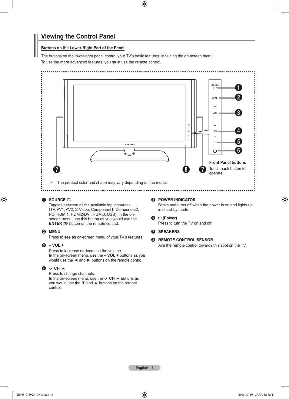 Viewing the control panel, Installing batteries in the remote control | Samsung LN46A580P6FXZA User Manual | Page 5 / 196