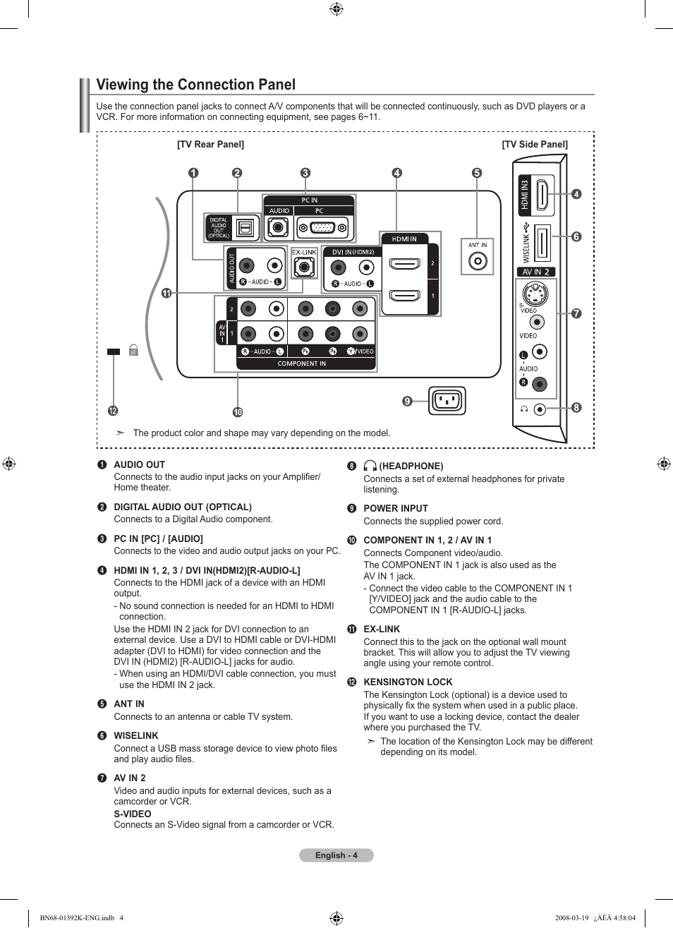 Viewing the connection panel | Samsung LN46A580P6FXZA User Manual | Page 6 / 196