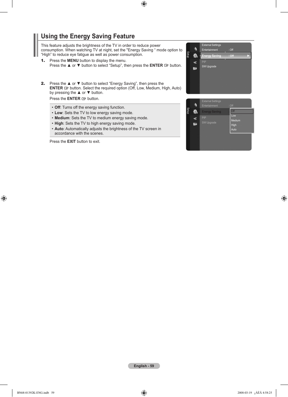Setting the entertainment mode, Using the energy saving feature, Wiselink | Samsung LN46A580P6FXZA User Manual | Page 61 / 196