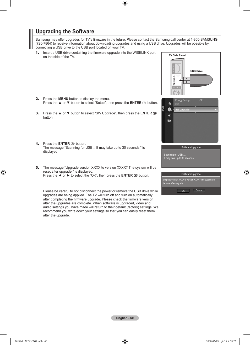 Upgrading the software, Using the wiselink function | Samsung LN46A580P6FXZA User Manual | Page 62 / 196