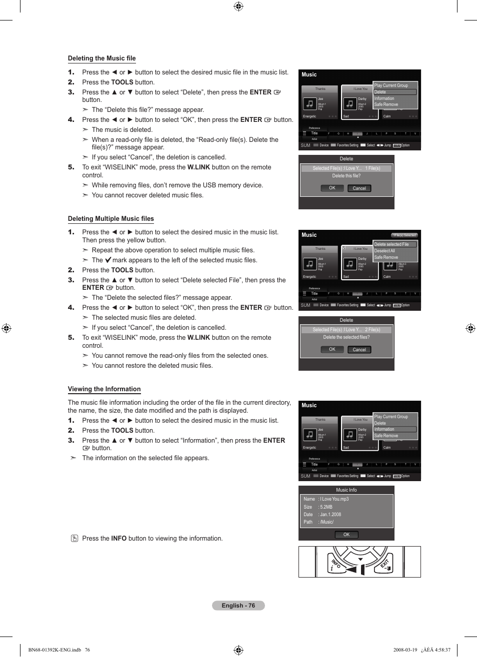 English - 76, Music | Samsung LN46A580P6FXZA User Manual | Page 78 / 196