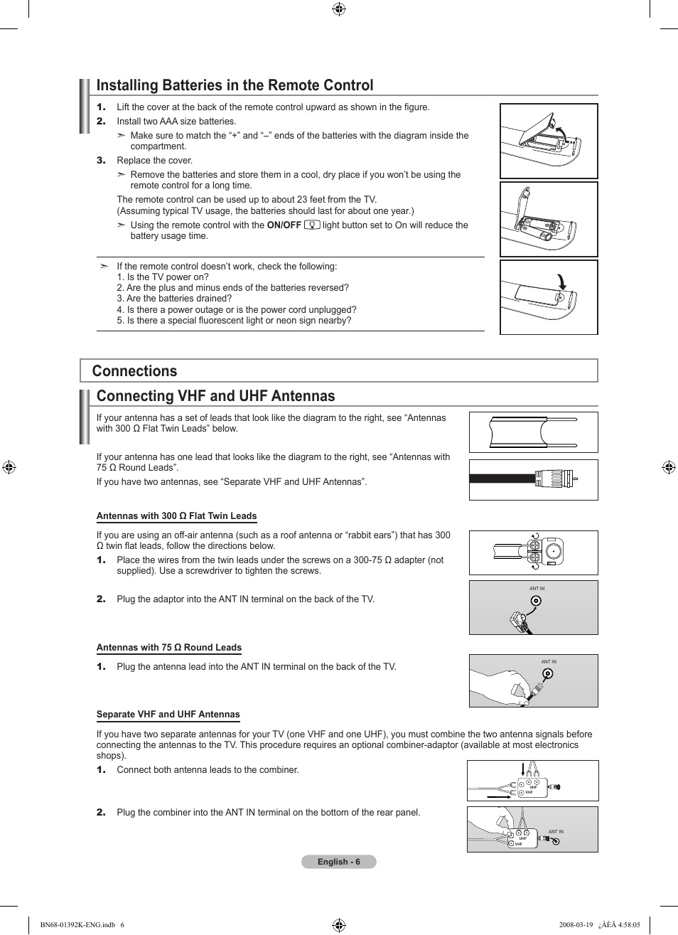 Installing batteries in the remote control, Connections, Connecting vhf and uhf antennas | Connecting cable, Set-top box) via hdmi | Samsung LN46A580P6FXZA User Manual | Page 8 / 196