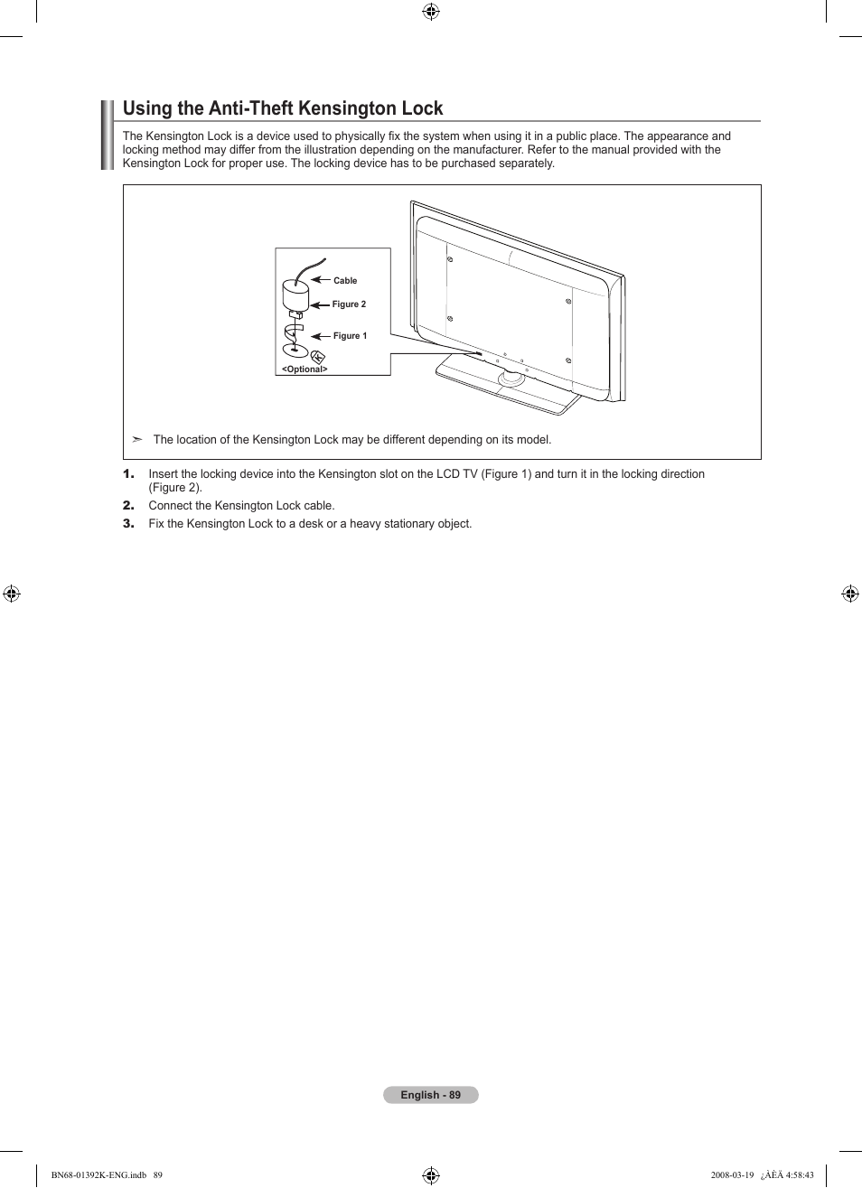 Using the anti-theft kensington lock | Samsung LN46A580P6FXZA User Manual | Page 91 / 196