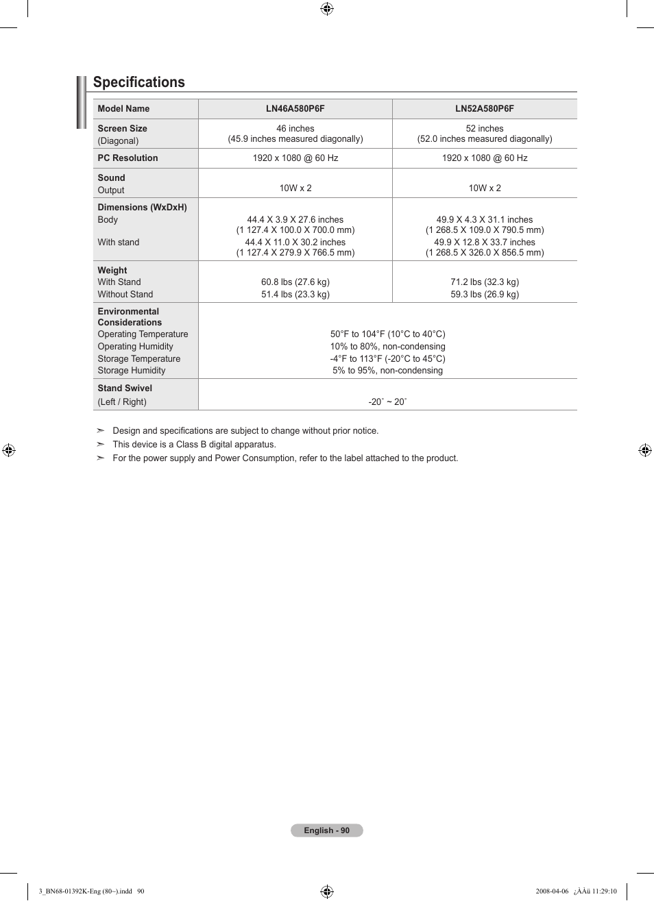 Specifications | Samsung LN46A580P6FXZA User Manual | Page 92 / 196